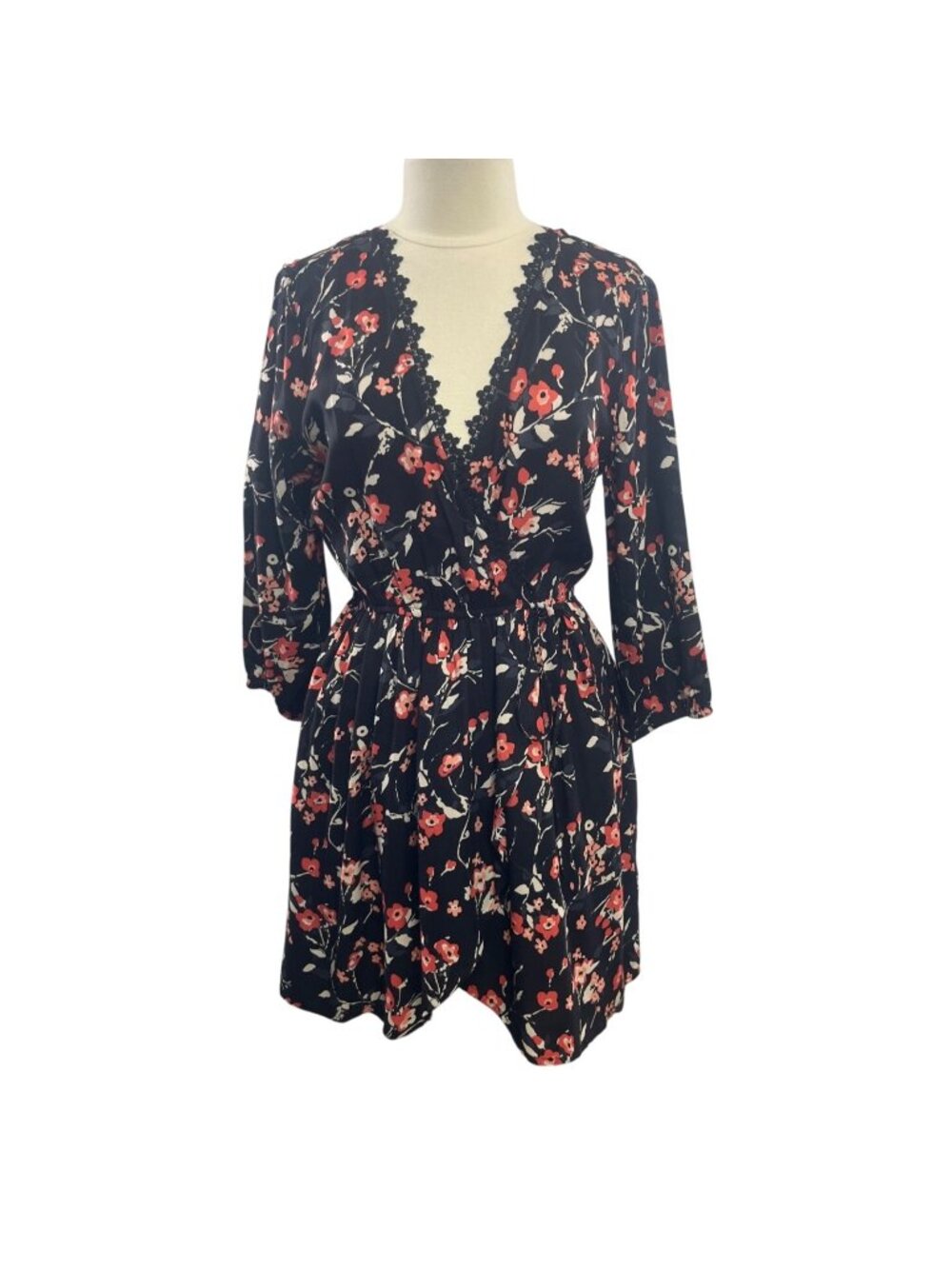 Band Of Gypsies Lace Trimmed Long Sleeve Dress Large Black Floral